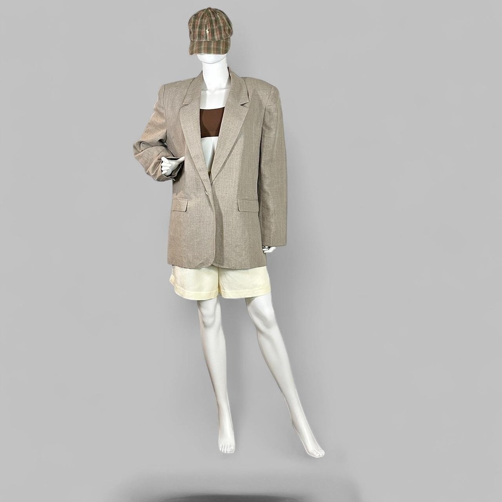 Jennie Moore  Vintage 90s 100% Linen Oversized Blazer Tan Beige‎ Office Size 14 - Picture 2 of 8